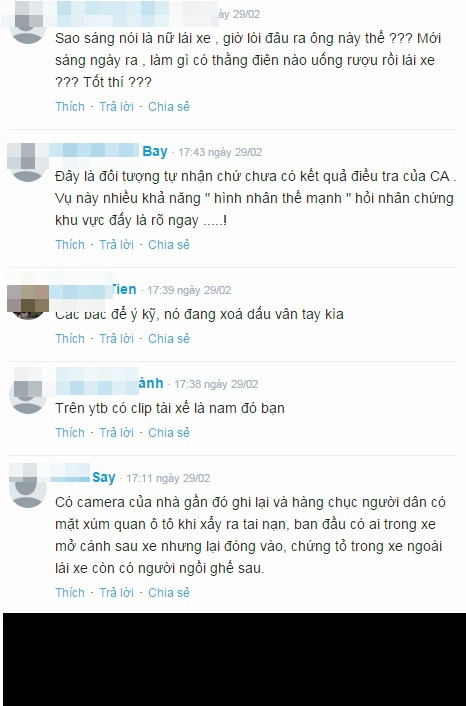 Chi tiết này đã làm dấy lên nhiều nghi ngờ trong dư luận. Nhiều người dân cho rằng, cần điều tra kỹ càng ông Vinh vì rất có thể ông Vinh chỉ là "hình nhân thế mạng", tự nhận tội thay cho người phụ nữ xuống xe và bỏ chạy - có thể là tài xế trực tiếp lái xe gây ra tai nạn thảm khốc. Độc giả Tuấn Vũ Trần gửi bình luận về báo Kiến Thức: "Đối tượng Vinh chỉ tự nhận tội chứ chưa có kết quả điều tra cuối cùng của công an. Vụ này nhiều khả năng chỉ là "hình nhân thế mạng", hỏi kỹ nhân chứng ở hiện trường là rõ ngay".