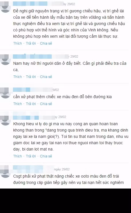 Độc giả Trần Minh ở Hưng Yên đóng góp một phương án điều tra: "Đề nghị giữ nguyên trạng vị trí gương chiếu hậu, vị trí ghế lái của xe để tiến hành lấy mẫu bận tay trên vô lăng và tiến hành thực nghiệm điều tra xem tại vị trí ghế lái và gương chiếu hậu có phù hợp với thể hình và góc nhìn của Vinh không. Nếu không phù hợp nên xem xét lại đối tượng cầm lái thực sự".