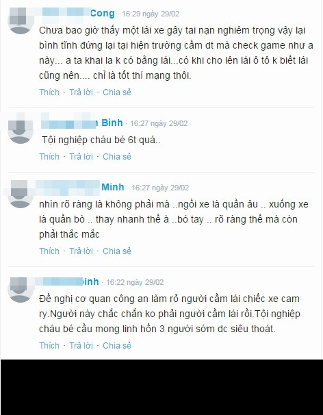 Sự thay đổi trang phục của "người lái xe" trước và sau khi xuống xe cũng là một điểm được dân mạng, dư luận mổ xẻ, dựa vào đó cho rằng đã có một sự "đổi vai" ở đây. "Chưa bao giờ thấy một lái xe gây tai nạn nghiêm trọng như vậy mà có thể bình tĩnh đứng lại hiện trường cầm điện thoại nghịch như vậy. Anh ta khai là không có bằng, có thể là không biết lái thật cũng nên, nhưng có thể chỉ là... tốt thí mà thôi", đó là bình luận của một độc giả tên Thái An trên một fanpage nổi tiếng.
