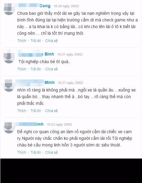 Sự thay đổi trang phục của "người lái xe" trước và sau khi xuống xe cũng là một điểm được dân mạng, dư luận mổ xẻ, dựa vào đó cho rằng đã có một sự "đổi vai" ở đây. "Chưa bao giờ thấy một lái xe gây tai nạn nghiêm trọng như vậy mà có thể bình tĩnh đứng lại hiện trường cầm điện thoại nghịch như vậy. Anh ta khai là không có bằng, có thể là không biết lái thật cũng nên, nhưng có thể chỉ là... tốt thí mà thôi", đó là bình luận của một độc giả tên Thái An trên một fanpage nổi tiếng.