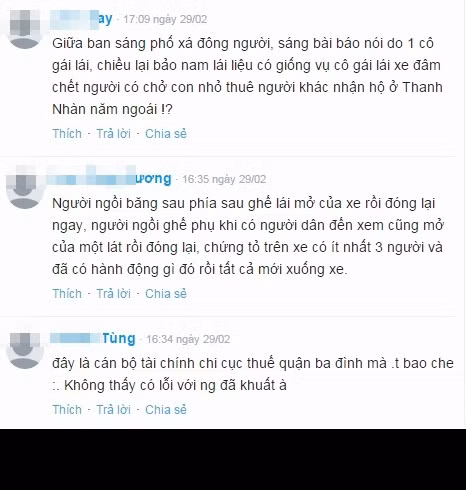 Độc giả Trần Ngọc Thương ở Hà Nội gửi bình luận dựa trên những phân tích cá nhân như sau: "Người ngồi băng sau phía ghế lái mở cửa xe rồi đóng lại ngay, người ngồi ghế phụ khi có người dân đến xem cũng mở cửa một lát rồi lại đóng. Theo tôi trong xe camry gây tai nạn có ít nhất 3 người và đã có hành động gì đó, như đổi chỗ, bàn tính rồi tất cả mới xuống xe".