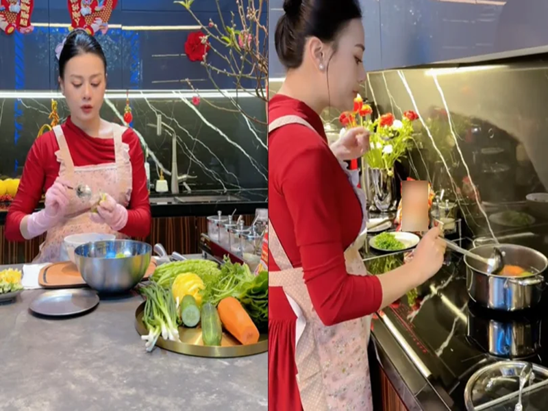 Hiện, Phương Oanh mang bầu đôi. Sau khi hết nghén, cô trở lại với công việc bếp núc quen thuộc.