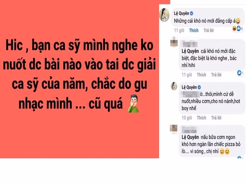 Năm 2019, khi một tài khoản cho rằng Đông Nhi không xứng đáng với giải Ca sĩ của năm tại giải Cống hiến, Lệ Quyên để lại bình luận tỏ ý đồng ý. Ảnh chụp màn hình.