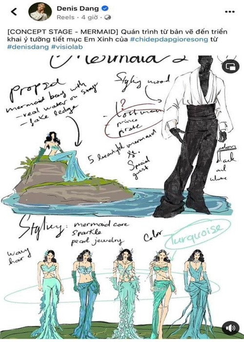 Cách đây không lâu, giám đốc sáng tạo của Chị đẹp đạp gió rẽ sóng - Denis Đặng bị tố nhận vơ ý tưởng. Cụ thể, sau Công diễn 4, Denis Đặng đăng tải trên trang cá nhân các đoạn clip về bản phác họa các bộ trang phục ở tiết mục Em xinh. Anh chia sẻ "quá trình từ bản vẽ đến triển khai ý tưởng tiết mục Em Xinh của #chidepdapgioresong từ Denis Đặng". Ảnh: Arttimes.