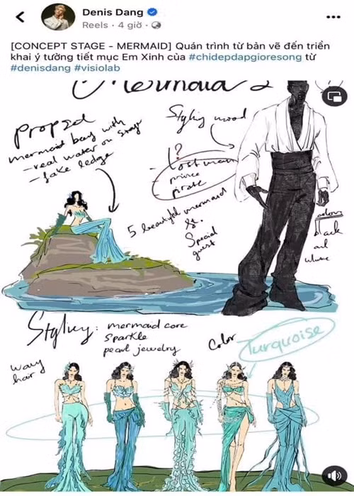 Cách đây không lâu, giám đốc sáng tạo của Chị đẹp đạp gió rẽ sóng - Denis Đặng bị tố nhận vơ ý tưởng. Cụ thể, sau Công diễn 4, Denis Đặng đăng tải trên trang cá nhân các đoạn clip về bản phác họa các bộ trang phục ở tiết mục Em xinh. Anh chia sẻ "quá trình từ bản vẽ đến triển khai ý tưởng tiết mục Em Xinh của #chidepdapgioresong từ Denis Đặng". Ảnh: Arttimes.