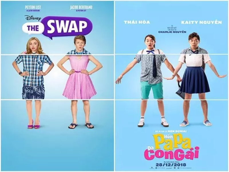 Hồn papa, da con gái cũng vướng ồn ào đạo nhái poster. Cụ thể, poster bộ phim Việt này giống poster phim The swap. Nhanh chóng đại diện nhà sản xuất phim Hồn papa, da con gái lên tiếng xin lỗi khán giả. Ảnh: Vietnamnet.