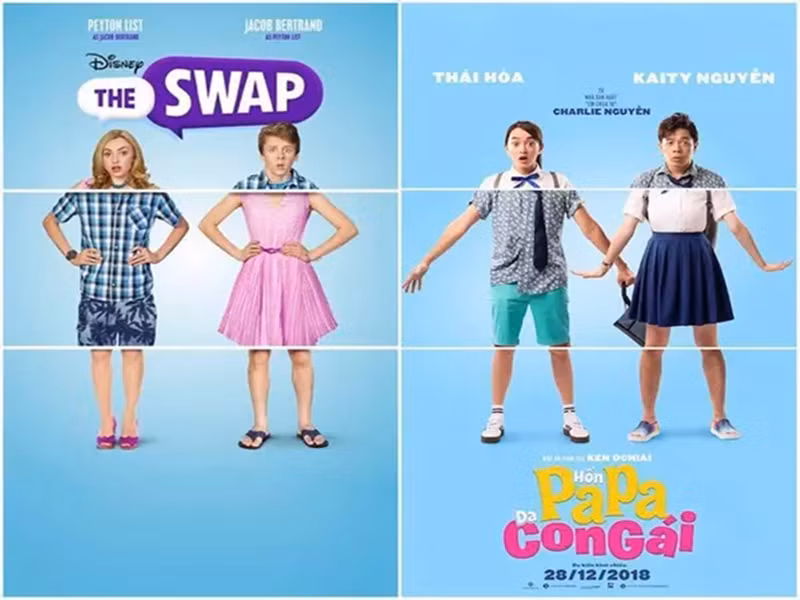 Hồn papa, da con gái cũng vướng ồn ào đạo nhái poster. Cụ thể, poster bộ phim Việt này giống poster phim The swap. Nhanh chóng đại diện nhà sản xuất phim Hồn papa, da con gái lên tiếng xin lỗi khán giả. Ảnh: Vietnamnet.