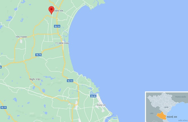 Xã Đô Thành, huyện Yên Thành, Nghệ An (chấm đỏ), nơi phát hiện vụ việc. Ảnh: Google Maps.