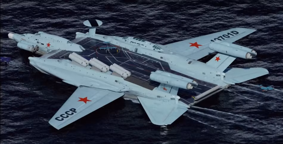 Do những rào cản về mặt kỹ thuật đương thời, mẫu tàu sân bay Ekranoplan đã không thể được hoàn thiện. Tuy nhiên đây cũng có thể coi là một ý tưởng cực kỳ đắt giá, có thể trở thành tương lai của nhân loại. Nguồn ảnh: Sina.