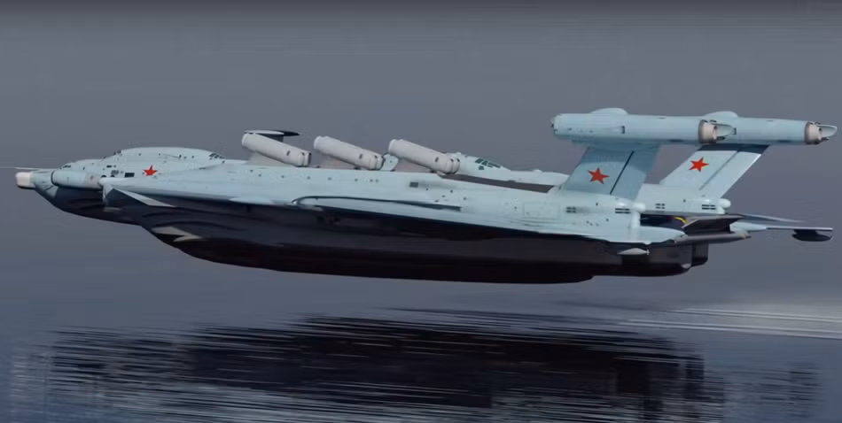 Điều này đồng nghĩa với việc phương tiện Ekranoplan sẽ không phải chịu sức cản của nước khi nó di chuyển, nâng tốc độ hành trình của nó lên rất cao, có thể lên tới hàng nghìn kilomets trên giờ vì thực tế là nó đang bay, dù ở độ cao thấp. Nguồn ảnh: Sina.