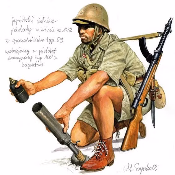 Loại súng cối cá nhân này có tên là Type 89, được sản xuất trong thời gian từ năm 1929 tới khi Quân đội Đế quốc Nhật Bản chính thực bị xóa sổ vào năm 1945. Tuy nhiên, Type 89 không có tên gọi thống nhất khi Nhật Bản gọi nó là súng phóng lựu còn quân Đồng Minh lại là súng cối. Nguồn ảnh: Pinterest.