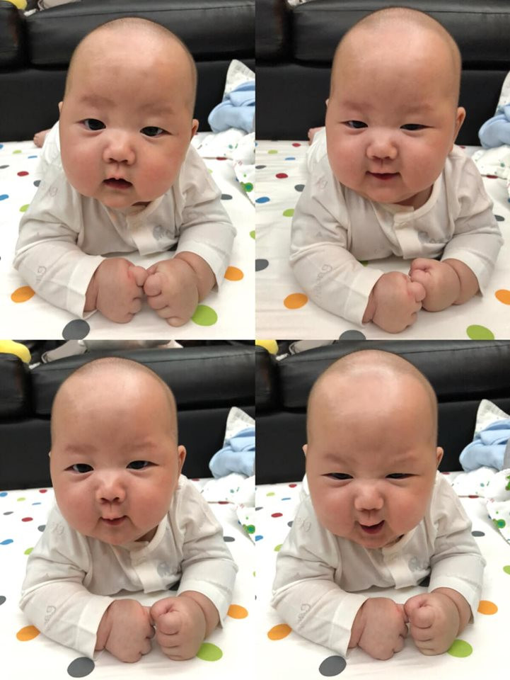 "Đừng khen anh đẹp trai! Vì anh không những đẹp trai mà còn vui tính nữa", Trà My nói về con trai của mình. Quả thật, với đôi môi chúm chím điều khiển mọi trạng thái thế này thì cậu bé rất có khả năng trở thành cây hài xuất sắc trong tương lai.