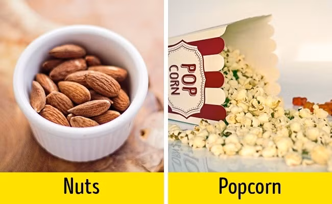 Hạnh nhân, óc chó: Các loại hạt này có chứa hàm lượng cao omega -3, cellulose, chất chống oxy hoá và acid linolenic có tác dụng làm giảm cảm giác thèm ăn. Trong khi đó, bắp rang bơ có nhiều đường, hương liệu, chất béo không hề tốt cho sức khỏe và người ăn kiêng. Trung bình 200 g bắp rang bơ cung cấp tới 1.500 calo. Nên thay vì ăn bắp rang bơ ở rạp phim, bạn hãy mang theo hạt hạnh nhân, óc chó thay thế để giảm cơn thèm ăn. Ảnh: BS.