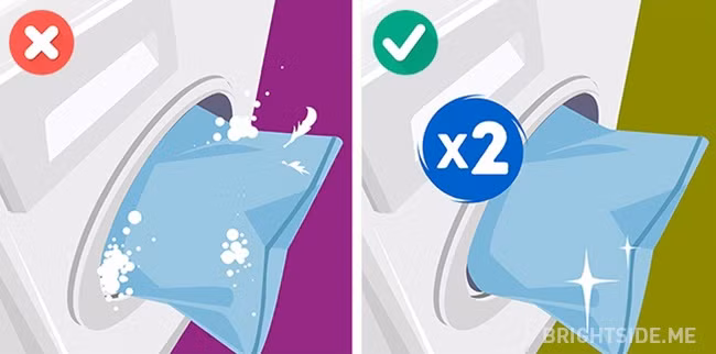 8. Chỉ giặt gối và chăn một lần: Gối và chăn bông thường giữ nhiều bọt hơn quần áo. Vì vậy, nếu giặt gối và chăn lông vũ bằng máy giặt nên giặt hai lần liên tiếp. Sau lần giặt thứ nhất, chăn, gối vẫn có thể còn dính bọt xà phòng bên trong mà chưa được làm sạch sẽ dẫn đến những vấn đề bất lợi cho sức khỏe.