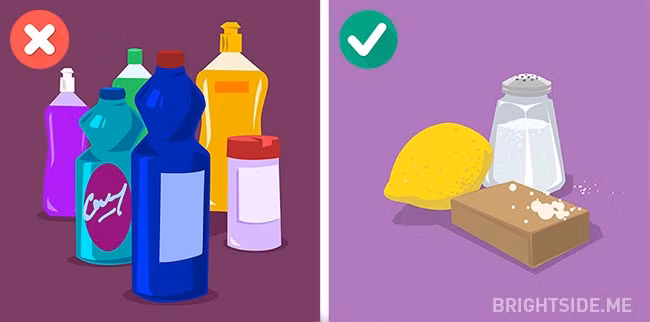 14. Sử dụng sản phẩm tẩy rửa đắt tiền: Có nhiều chất tẩy rửa tự nhiên giá rẻ mà hiệu quả cũng khá tốt như nước chanh và muối. Các chất tẩy rửa khác nhau ít nhiều có ảnh hưởng đến sức khỏe của bạn. Ảnh: BS.