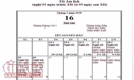 Lịch nghỉ tết Nguyên đán 2018 theo phương án 1 của Tờ trình của Bộ LĐTBXH.