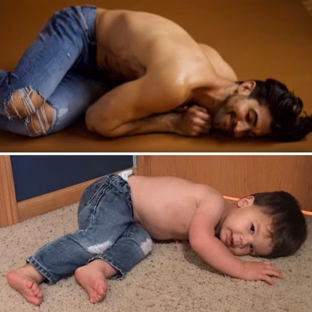 Những tấm ảnh ghép giữa phong cách bắt chước của Augie với cậu Aris đã được bà mẹ trẻ chia sẻ trên mạng Instagram. Ảnh: Instagram.