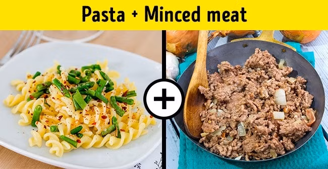 Mỳ ống + thịt băm: Các tuyến nước bọt tạo ra ptyalin và amylase, làm chuyển hoá các tinh bột trong mì ống thành các loại đường đơn giản. Khi loại đường này kết hợp với protein trong thịt sẽ tạo ra một hỗn hợp hóa học nguy hiểm có thể dẫn đến bệnh tiểu đường và tim mạch. Ảnh: Brightside.