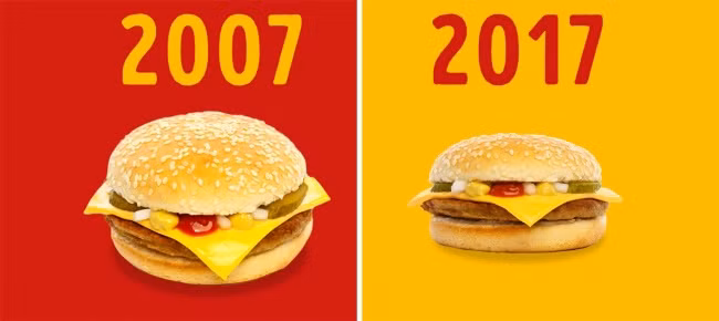 Lượng calo trong bánh hamburger của McDonald đã tăng lên đáng kể trong vòng 20 năm từ 333 calo đến 590. Trong khi hãng này khẳng định bánh của họ không thay đổi kích thước thì có một video đã chứng minh điều ngược lại. Ảnh: BS.