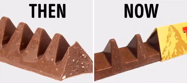 Socola nổi tiếng của Toblerone đã bị cắt giảm trọng lượng để hạ chi phí nguyên liệu: thanh socola 400g hiện nặng 360g trong khi thanh 170g đã được giảm xuống còn 150g. Ảnh: BS.