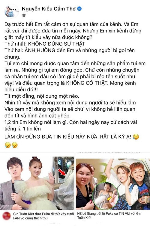 Cũng trong năm 2021, Puka bức xúc khi một kênh Youtube đăng tải tin đồn thất thiệt cô đã tổ chức đám cưới và về sống chung với Gin Tuấn Kiệt. Ảnh: Người Lao Động.