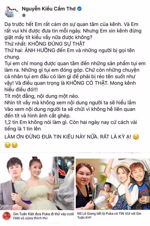 Cũng trong năm 2021, Puka bức xúc khi một kênh Youtube đăng tải tin đồn thất thiệt cô đã tổ chức đám cưới và về sống chung với Gin Tuấn Kiệt. Ảnh: Người Lao Động.