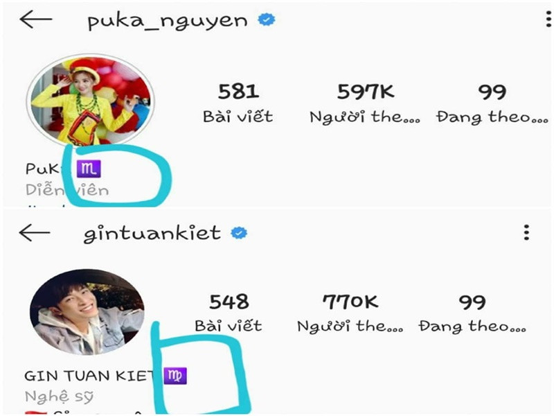 Cách giới thiệu thông tin của Gin Tuấn Kiệt và Puka trên Instagram giống nhau, chỉ để tên và biểu tượng của cung hoàng đạo. Ảnh: Yan.
