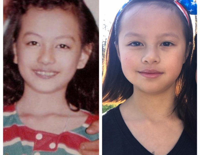 Ngọc Thúy từng ghép hình của mình hồi nhỏ với con gái thứ hai. Cô tự hào vì "bản sao xuất sắc hơn bản chính". “Mẹ mừng khi con có đôi mắt đẹp hơn, sáng hơn, vui hơn mẹ rất nhiều. Vì thế đời con chắc chắn sẽ không phải như mẹ, vì con có được một người mẹ đã trải qua được gần hết những thăng trầm của cuộc sống, sẽ thấu hiểu con, sẽ giúp con có cuộc sống hanh thông hơn sau này”, Ngọc Thúy viết. Ảnh: Thế Giới Điện Ảnh.