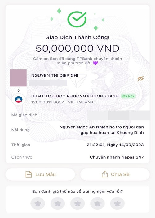 MC Diệp Chi ủng hộ 50 triệu đồng cho nạn nhân trong vụ hỏa hoạn. Cô chia sẻ: “Chút lòng thành gửi tới những người đang cần giúp đỡ. Mình để tên con gái An Nhiên, hằng mong các gia đình gặp nạn sẽ sớm vượt qua khó khăn, ổn định cuộc sống”. Ảnh: FBNV.