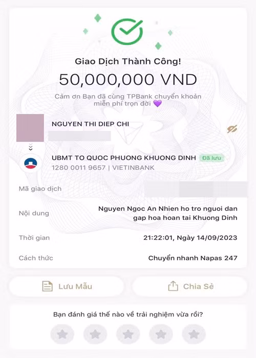 MC Diệp Chi ủng hộ 50 triệu đồng cho nạn nhân trong vụ hỏa hoạn. Cô chia sẻ: “Chút lòng thành gửi tới những người đang cần giúp đỡ. Mình để tên con gái An Nhiên, hằng mong các gia đình gặp nạn sẽ sớm vượt qua khó khăn, ổn định cuộc sống”. Ảnh: FBNV.