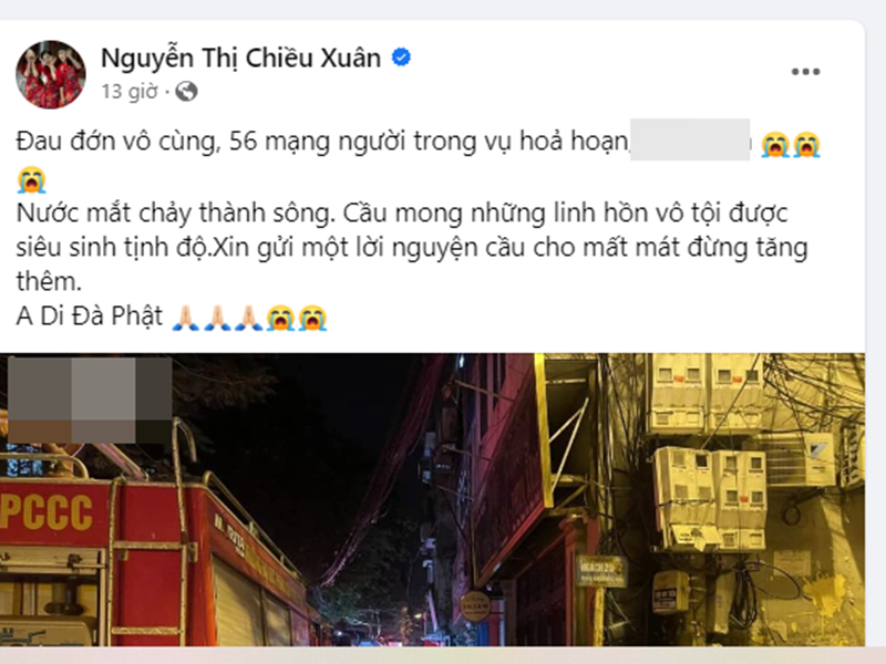 Diễn viên Chiều Xuân đau xót trước sự ra đi của 56 người. "Nước mắt chảy thành sông. Cầu mong những linh hồn vô tội được siêu sinh tịnh độ. Xin gửi một lời nguyện cầu cho mất mát đừng tăng thêm", cô viết. Ảnh chụp màn hình.