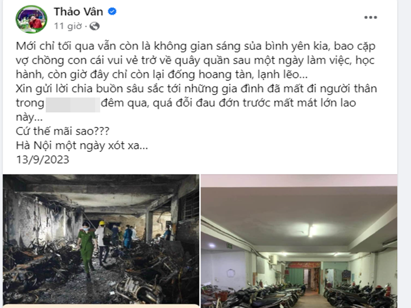 MC Thảo Vân nghẹn ngào viết: "Mới chỉ tối qua vẫn còn là không gian sáng sủa bình yên kia, bao cặp vợ chồng con cái vui vẻ trở về quây quần sau một ngày làm việc, học hành, còn giờ đây chỉ còn lại đống hoang tàn, lạnh lẽo… Xin gửi lời chia buồn sâu sắc tới những gia đình đã mất đi người thân trong thảm họa đêm qua, quá đỗi đau đớn trước mất mát lớn lao này". Ảnh chụp màn hình.