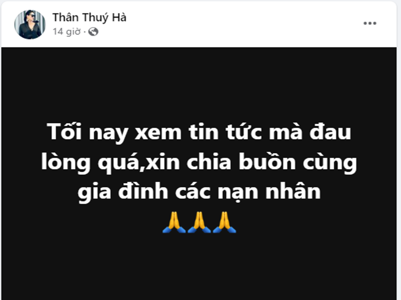 Thân Thúy Hà đau lòng khi biết tin về vụ cháy. Ảnh chụp màn hình.