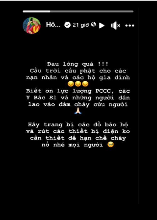 Hòa Minzy đau lòng vì vụ cháy. Ảnh chụp màn hình.