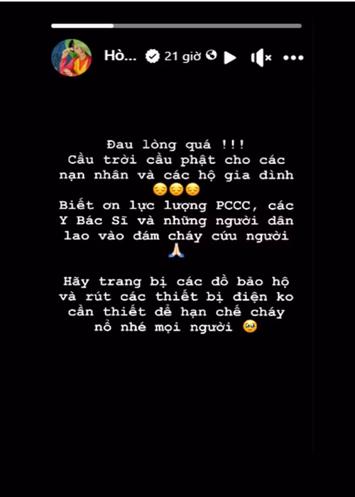 Hòa Minzy đau lòng vì vụ cháy. Ảnh chụp màn hình.