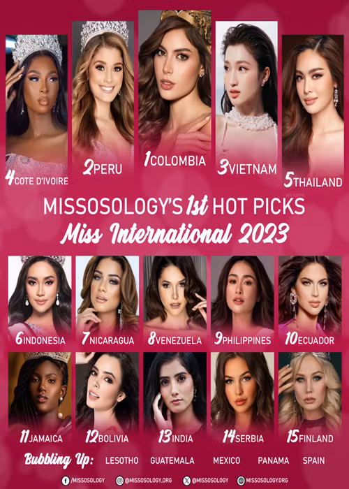 Top 15 Hoa hậu Quốc tế 2023 do Missosology dự đoán còn gồm đại diện Thái Lan, Indonesia, Nicaragua, Venezuela, Philippines, Ecuador, Jamaica, Bolivia, Ấn Độ, Seria và Phần Lan. Ảnh: Missosology.