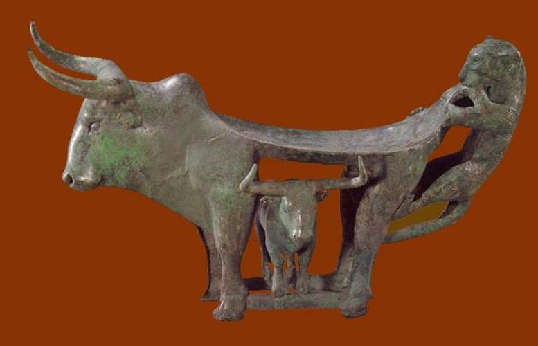 Cổ vật bằng đồng này tái hiện hình ảnh con hổ tấn công một con bò từ phía sau. Trong bụng con bò lớn có một con bò nhỏ hơn.