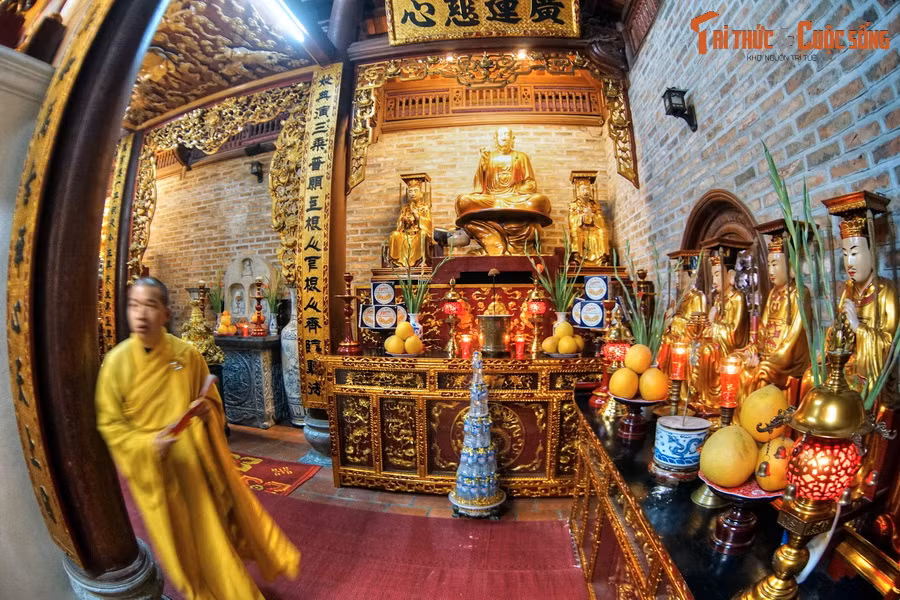 Đặc sắc nhất trong đó là bức tượng “Phật ngồi lưng vua”, đặt ở góc phải phía sau của chính điện. Bức tượng thể hiện hình ảnh một vị vua quỳ sát đất, lưng là nơi an tọa của một nhà tu hành tay kết ấn, vẻ mặt từ bi, thoát tục.