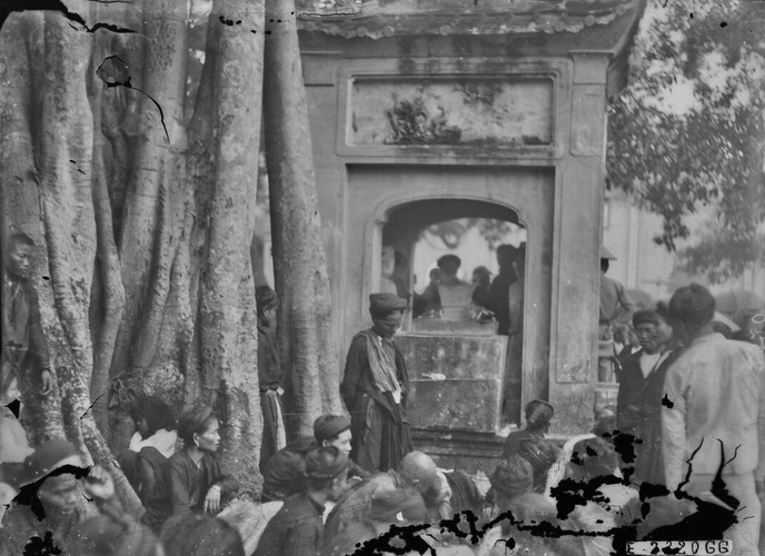 Người hành hương ngồi dưới một gốc cây cổ thụ.