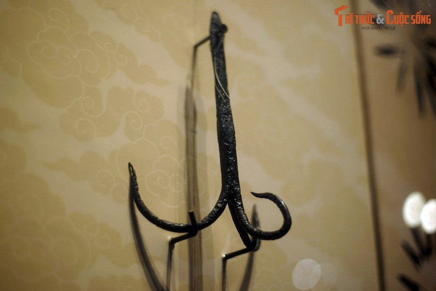 Bộ sưu tập vũ khí gồm 111 hiện vật thuộc 13 nhóm có kích thước khác nhau, được phân loại theo chức năng sử dụng, gồm hai loại là bạch khí (vũ khí vận hành bằng cơ bắp con người) và hoả khí (vũ khí vận hành bằng thuốc súng). Ảnh: Một chiếc móc câu chùm.