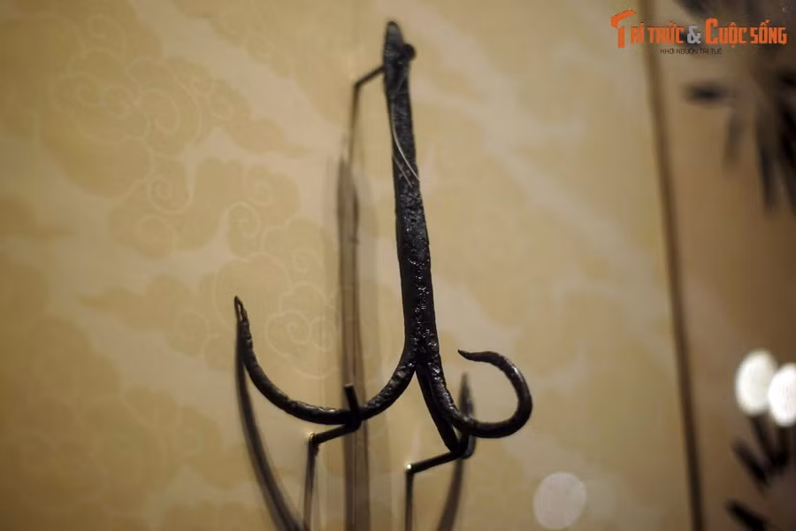 Bộ sưu tập vũ khí gồm 111 hiện vật thuộc 13 nhóm có kích thước khác nhau, được phân loại theo chức năng sử dụng, gồm hai loại là bạch khí (vũ khí vận hành bằng cơ bắp con người) và hoả khí (vũ khí vận hành bằng thuốc súng). Ảnh: Một chiếc móc câu chùm.