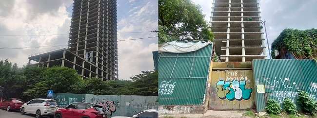 Tại dự án này luôn đóng kín cửa, không có hoạt động xây dựng, cỏ hoang mọc ở nhiều nơi, hàng rào bao quanh đã xuống cấp. 