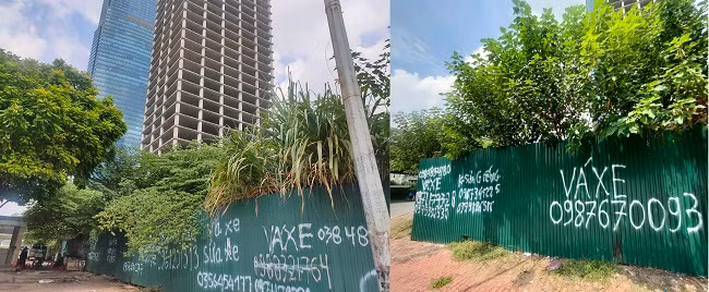 Xung quanh dự án được rào chắn bởi các tấm tôn sơn đầy quảng cáo rao vặt. 