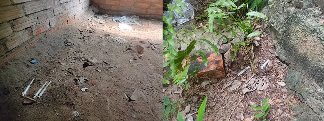 Bên trong nhiều biệt thự bỏ hoang tại Khu đô thị mới Cầu Bươu nhan nhản kim tiêm vứt la liệt giữa nền nhà, nhiều vỏ thuốc, bơm kim tiêm đã qua sử dụng nằm khuất sau đám cỏ. Mùi hôi thối, ẩm mốc bốc lên nồng nặc. 