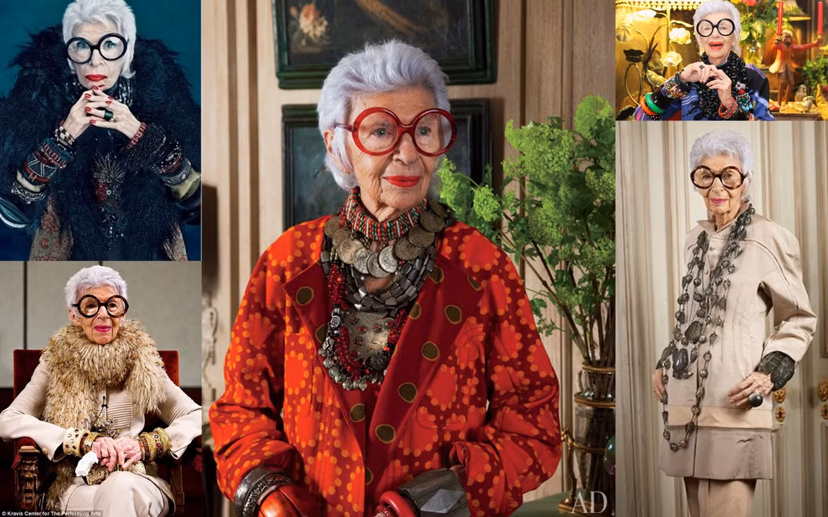 Iris Apfel (93 tuổi). Iris Apfel là một nữ doanh nhân, NTK nội thất và cũng là một tín đồ thời trang với "thâm niên" nhiều năm. Tủ đồ của "bà già thời trang" có nhiều món đồ thời trang kinh điển đến mức có thể được trưng bày tại bảo tàng. Điều đặc biệt là tuổi tác chưa bao giờ ngăn cản được bà với đam mê thời trang và làm đẹp.