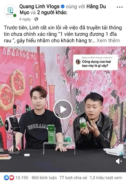 Trong khi Thủy Tiên ngó lơ ồn ào, cách đây ít ngày, Quang Ling Vlog viết trên trang cá nhân: "Linh xin lỗi về việc đã truyền tải thông tin chưa chính xác rằng "1 viên tương đương 1 đĩa rau ", gây hiểu nhầm cho khách hàng trong thời gian qua”. Ảnh: Người Lao Động.