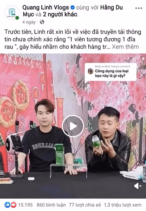 Trong khi Thủy Tiên ngó lơ ồn ào, cách đây ít ngày, Quang Ling Vlog viết trên trang cá nhân: "Linh xin lỗi về việc đã truyền tải thông tin chưa chính xác rằng "1 viên tương đương 1 đĩa rau ", gây hiểu nhầm cho khách hàng trong thời gian qua”. Ảnh: Người Lao Động.