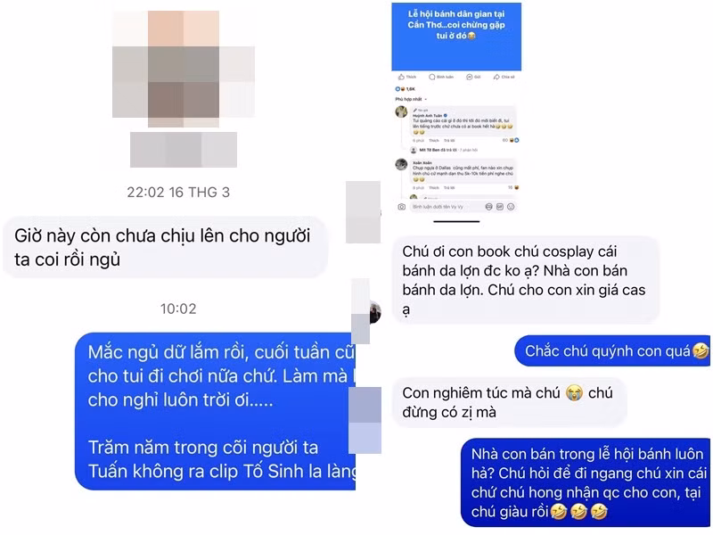 Nam diễn viên từng dí dỏm trả lời: "Mắc ngủ dữ lắm rồi, cuối tuần cũng cho tôi chơi nữa chứ. Làm mà hỏng cho nghỉ luôn trời ơi. Trăm năm trong cõi người ta/Tuấn không clip T.S la làng" khi một fan nhắn tin: "Giờ này còn chưa chịu lên clip cho người ta coi rồi ngủ". Ảnh: FB Huỳnh Anh Tuấn.