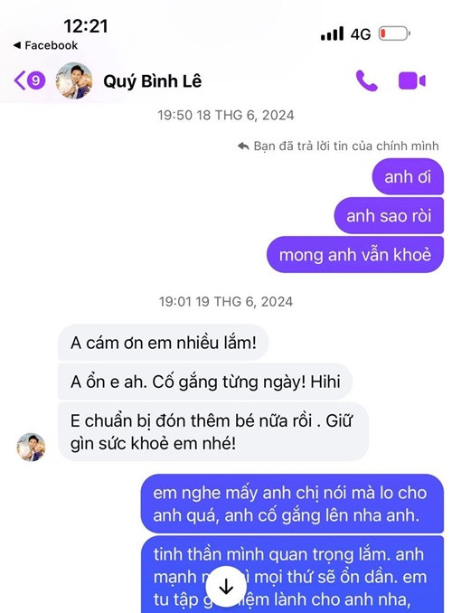 Trong các tin nhắn với Võ Hạ Trâm, Quý Bình chia sẻ, sức khỏe của anh anh ổn. Ảnh: FB Võ Hạ Trâm.