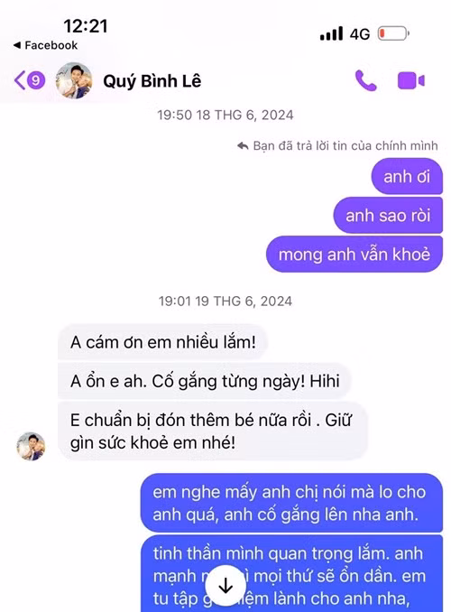 Trong các tin nhắn với Võ Hạ Trâm, Quý Bình chia sẻ, sức khỏe của anh anh ổn. Ảnh: FB Võ Hạ Trâm.